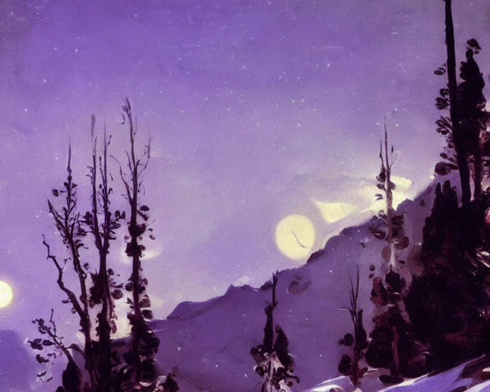 Snowy Dusk Landscape with Bare Trees and Moonlight Glow