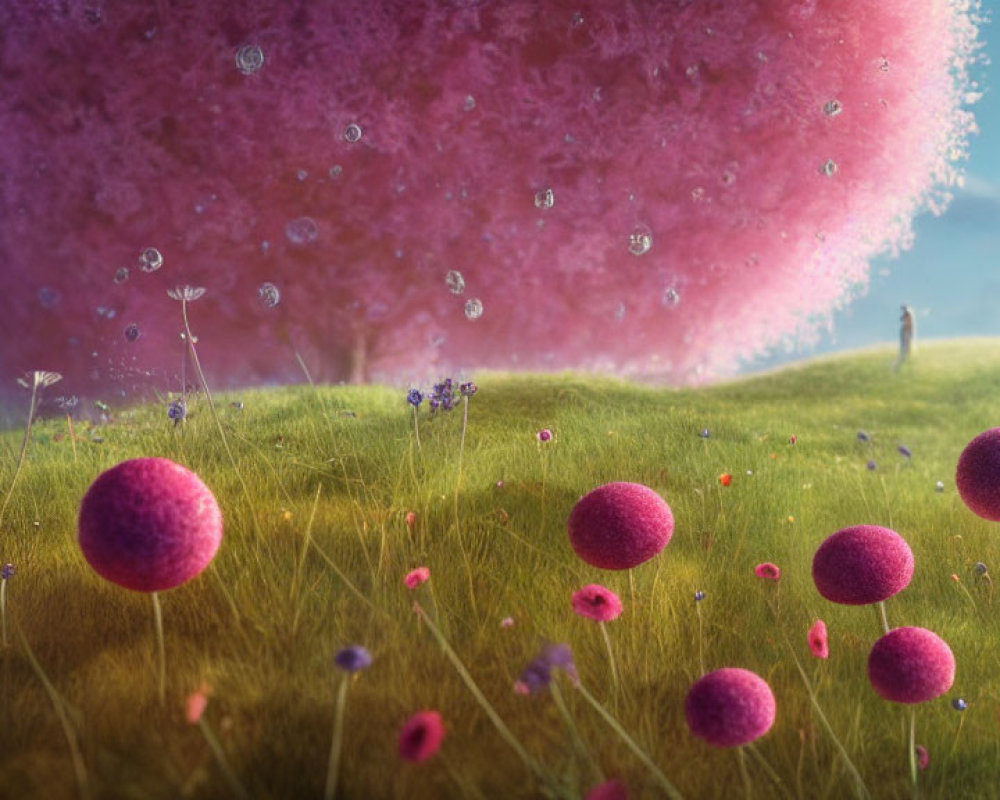 Whimsical landscape with pink fuzzy tree and floating spheres