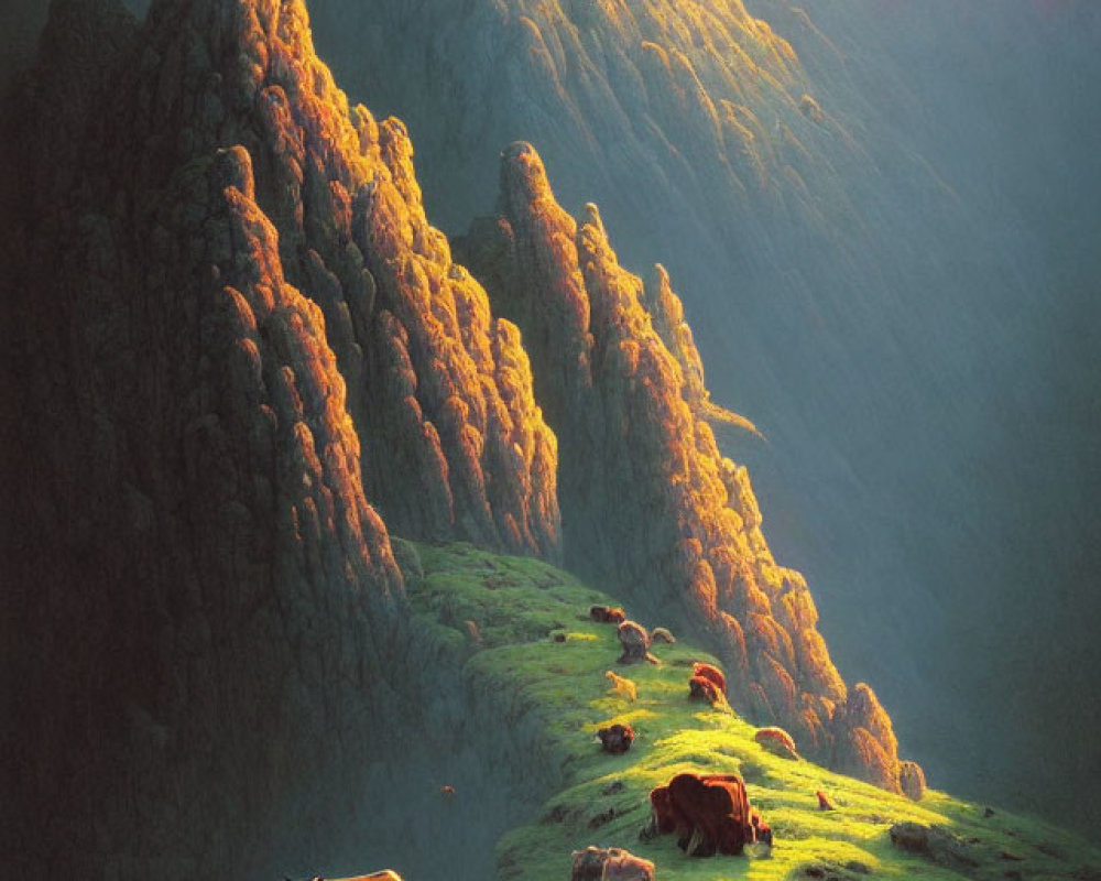 Cows grazing on green hillside with rocky mountains under sunset glow