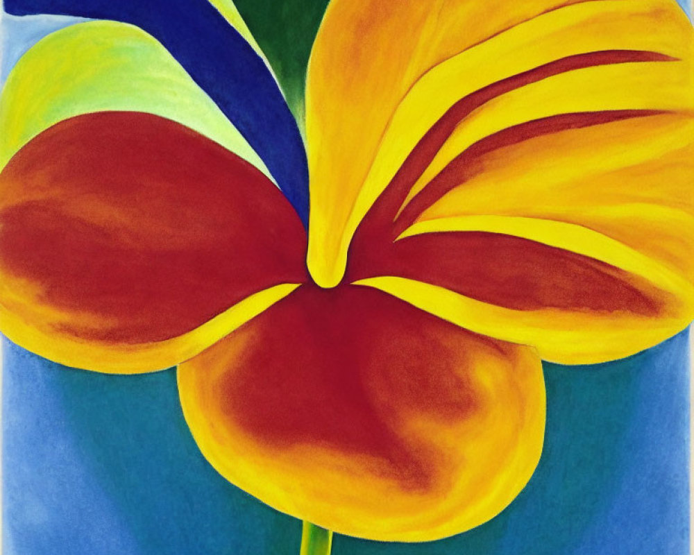 Colorful oversized flower painting with bold yellow and red petals on blue and green backdrop