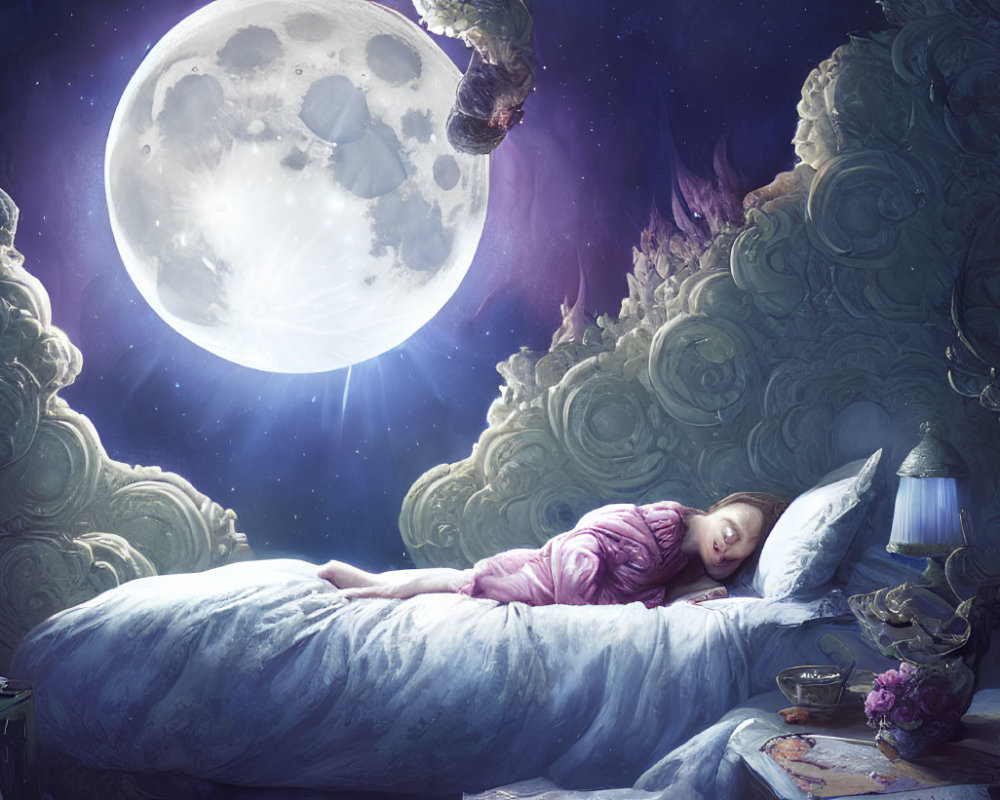 Child sleeping on cloud-like bed under detailed moon and starry sky