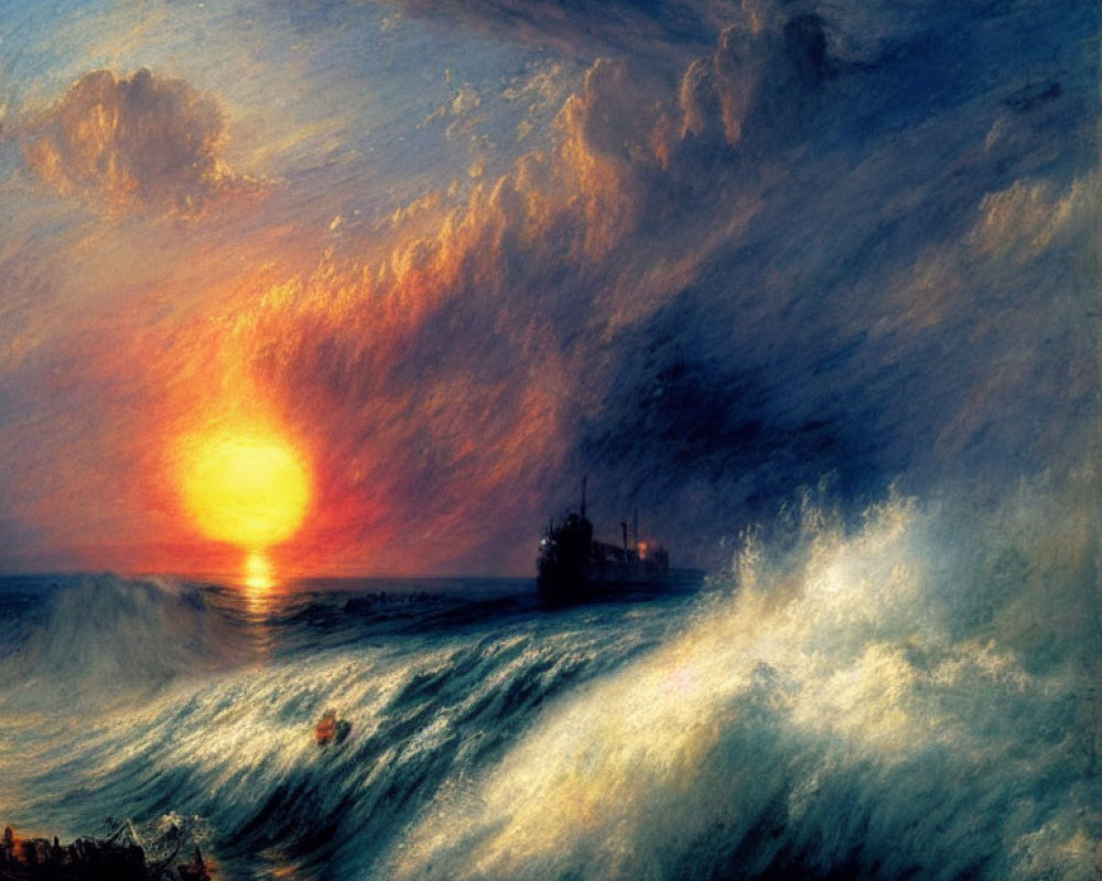 Dramatic seascape painting with waves, sunset sky, ship, and clouds