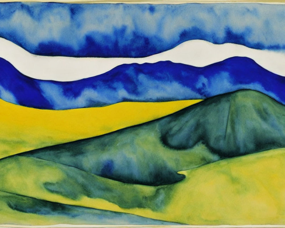 Vibrant abstract landscape with rolling green hills and blue mountains