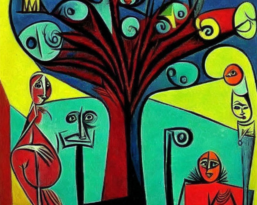 Colorful Abstract Painting: Stylized Tree, Swirling Patterns, Mask-Like Figures