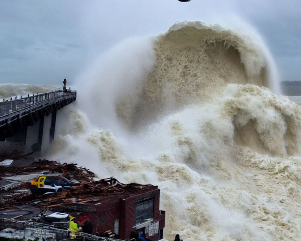 Giant wave engulfing building, truck, and onlookers by the seafront