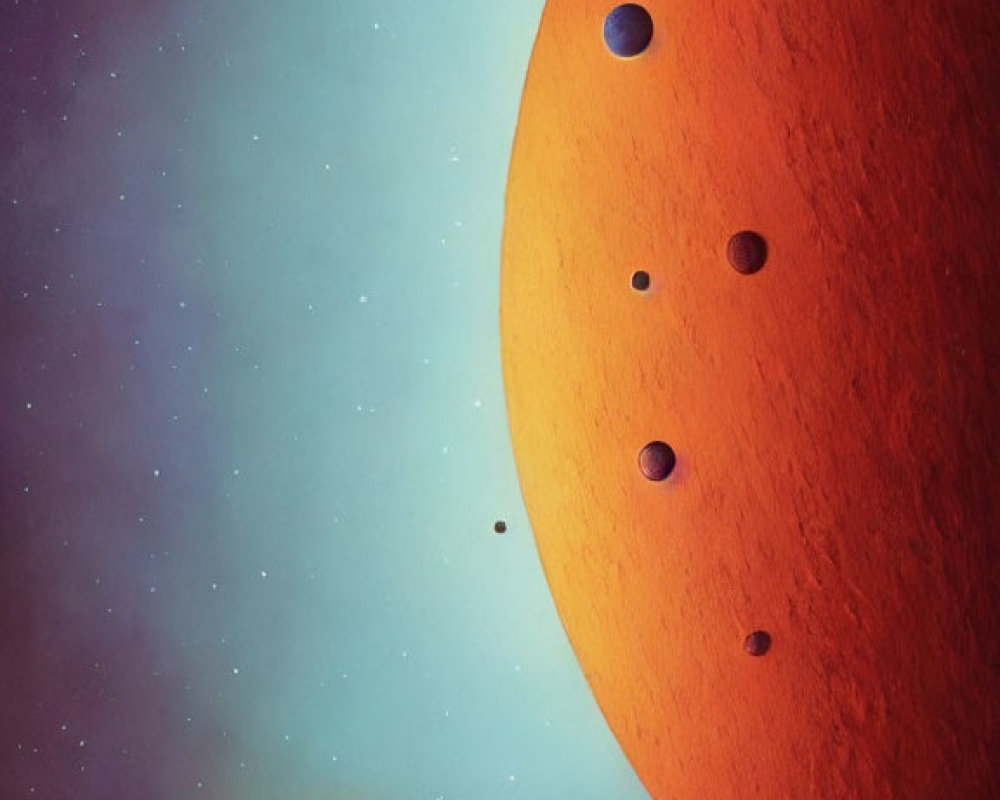 Colorful Space Scene with Red Planet and Moons in Starry Sky