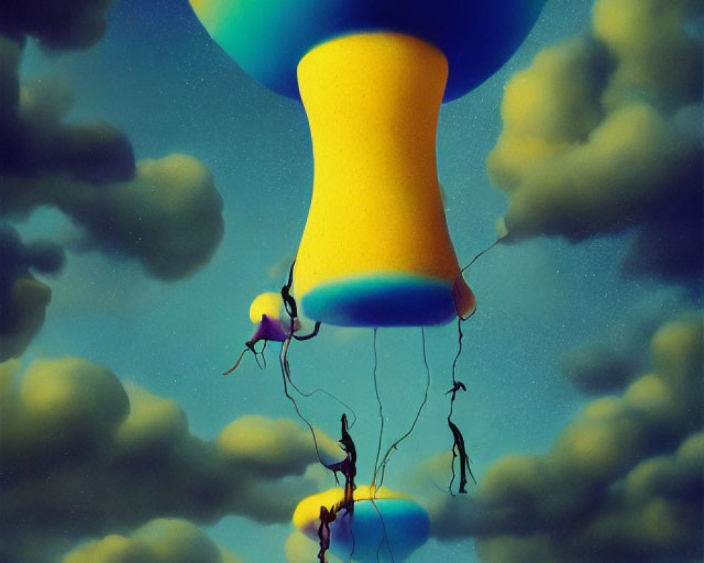 Surreal artwork of people on giant floating hourglass with colorful gradient and smaller hourglass balloons in