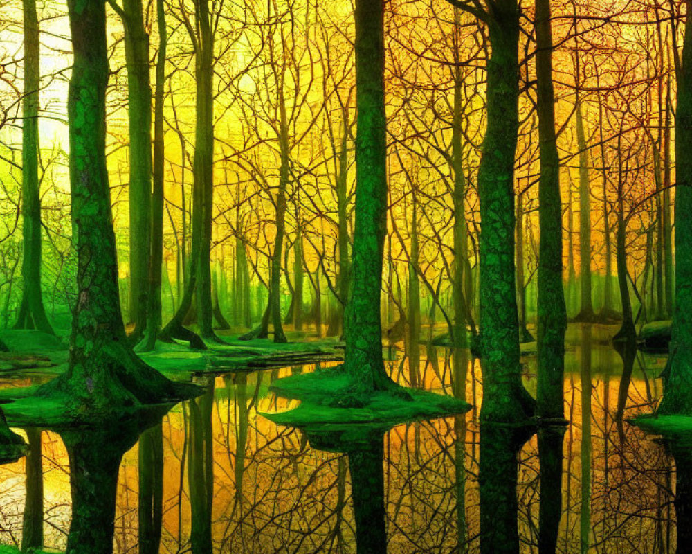 Sunlit mystical swamp with tall trees, green moss, and golden haze