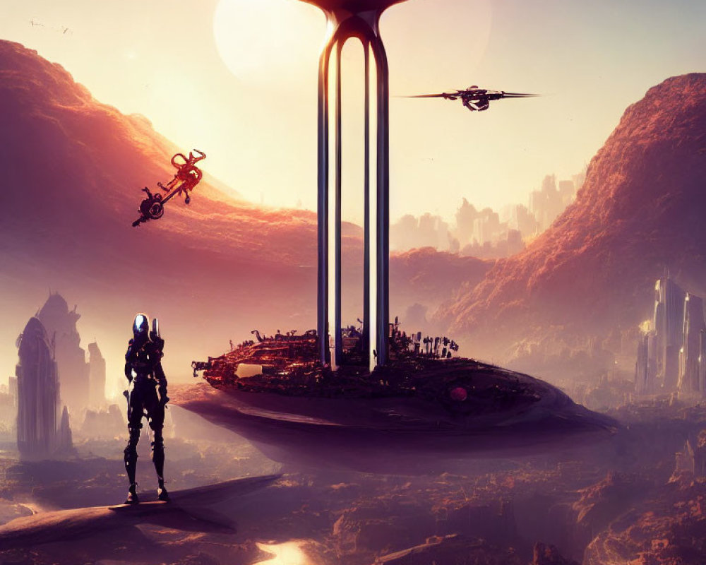 Futuristic landscape with figure in spacesuit overlooking floating city and mountains under warm sky