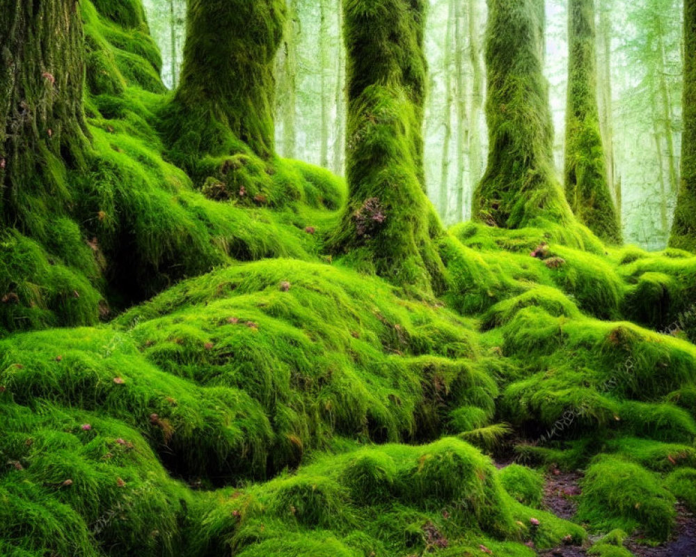 Ethereal forest with moss-covered trees and lush green undergrowth