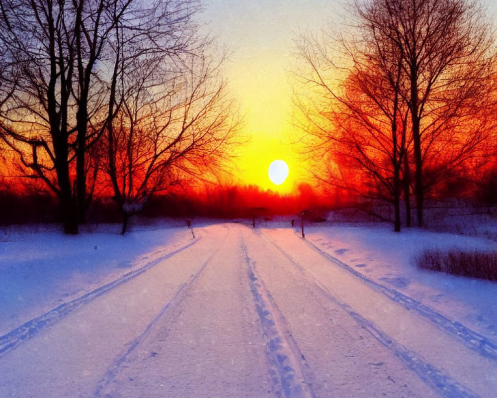 Colorful sunset over snowy landscape with bare trees and path.