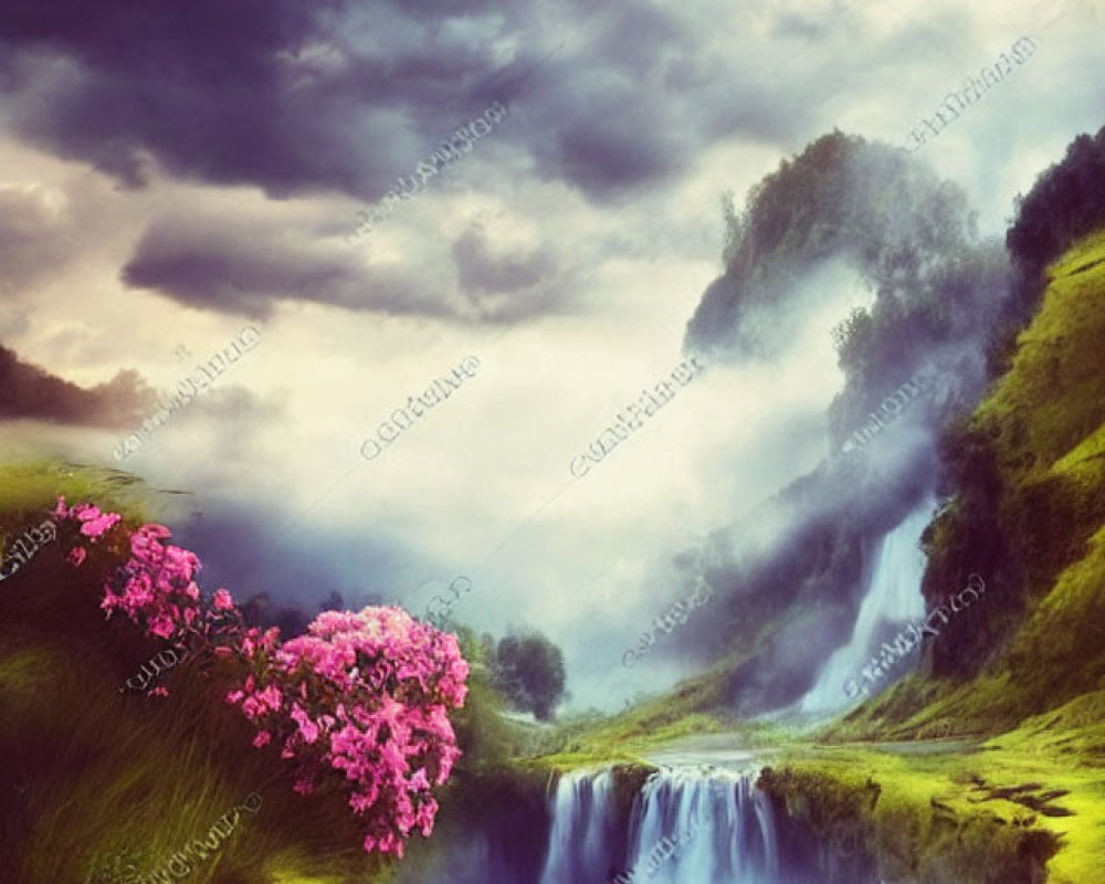 Mystical landscape with waterfall, pink flowers, and foggy atmosphere