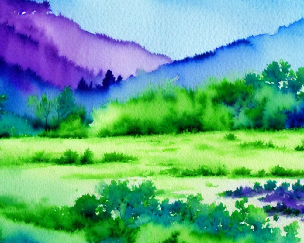 Colorful Watercolor Painting of Green Meadows and Hazy Mountains