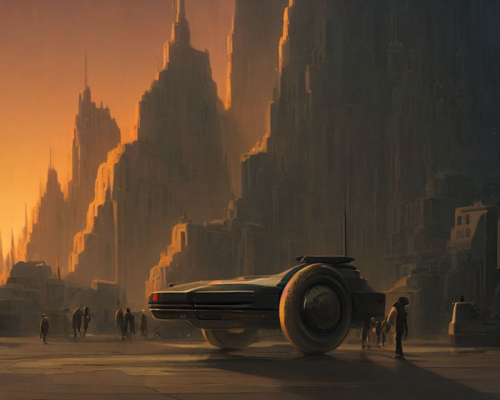 Futuristic cityscape at sunset with towering buildings and hovercar