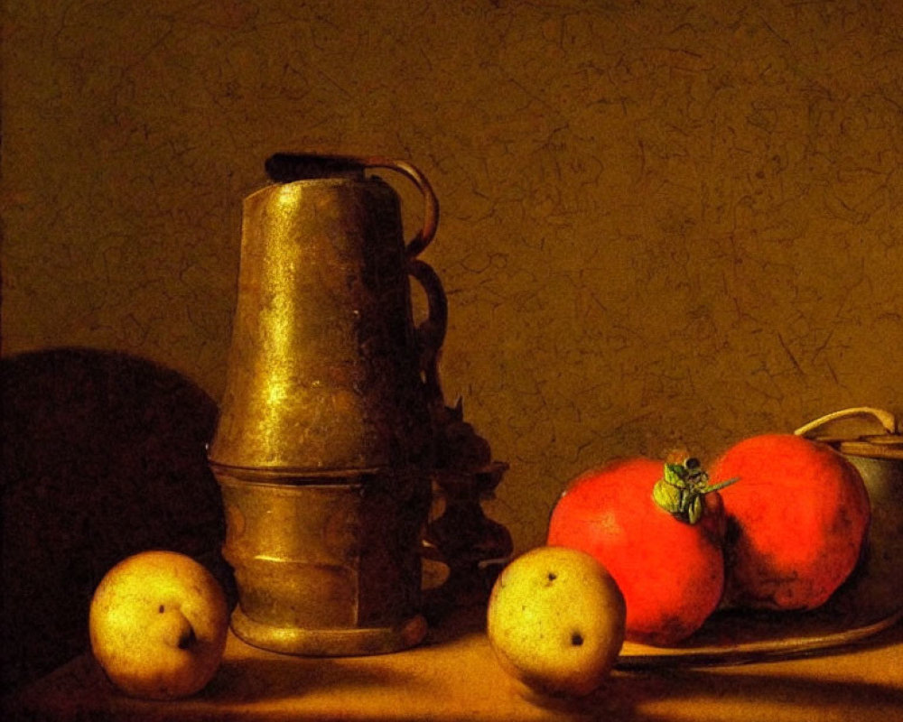 Metallic pitcher, apples, and tomatoes on dark textured background