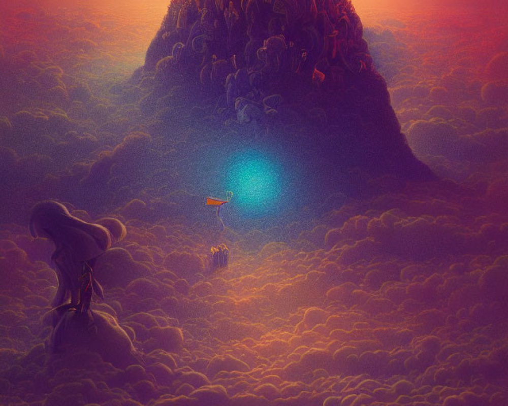 Majestic mountain landscape with glowing orb and tiny figures