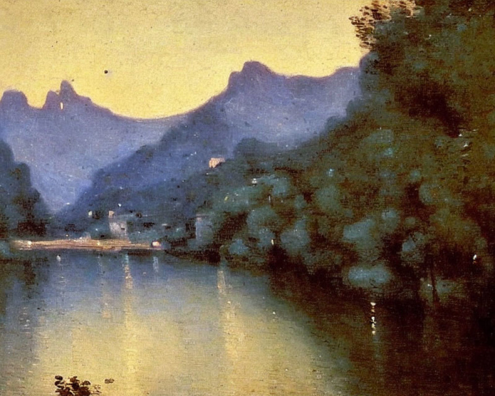 Serene twilight landscape with mountains, lake, and lush trees
