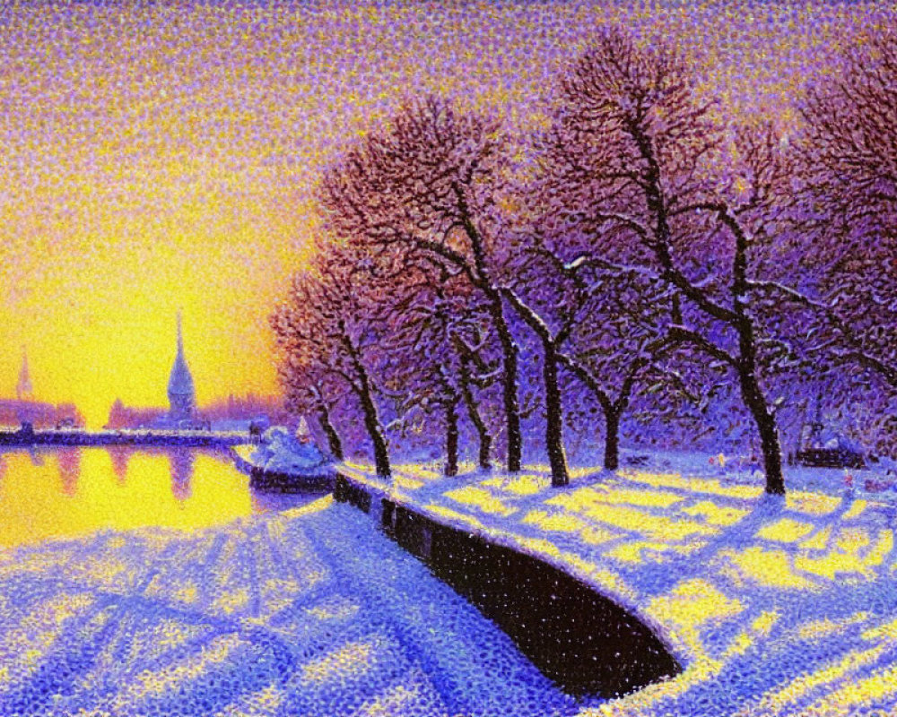 Colorful Pointillist Winter Riverside Scene with Trees and Church Spire