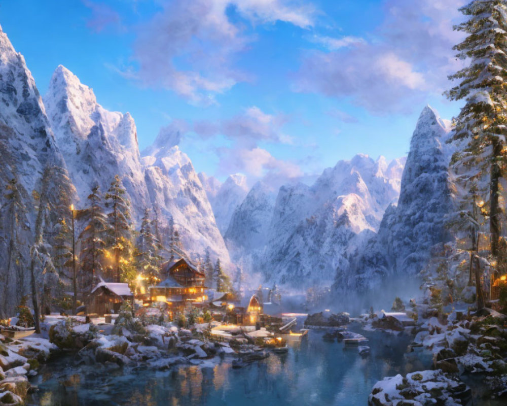 Snow-covered mountains, river, illuminated houses, pine trees in serene winter landscape