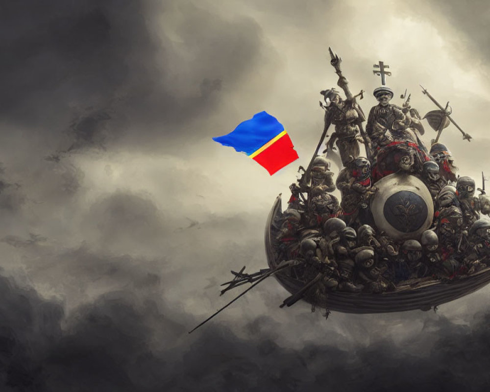 Fantasy armored vessel with blue and red flag in stormy sky