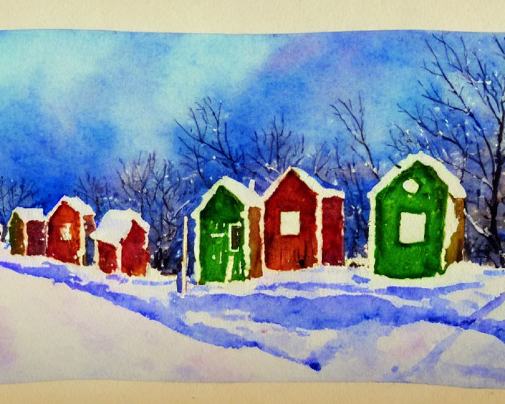 Vibrant row of houses with snowy rooftops in watercolor art