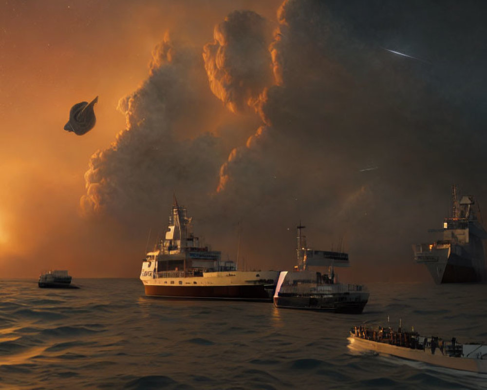 Dramatic seascape with ships, fiery sky, smoke plumes, meteor, and ominous planet