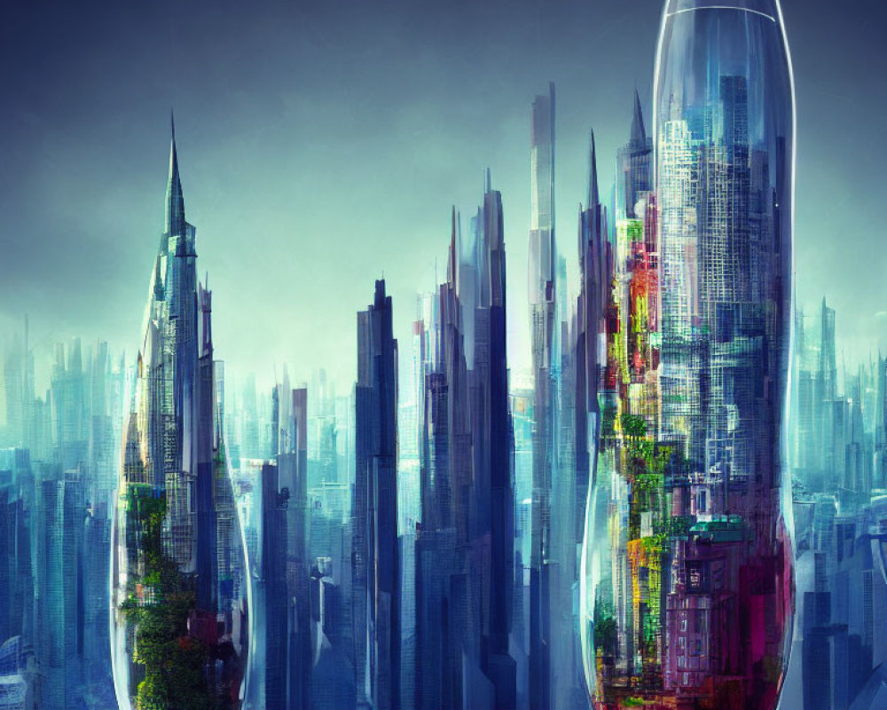 Futuristic terrarium-like structures with miniature cities against urban skyline