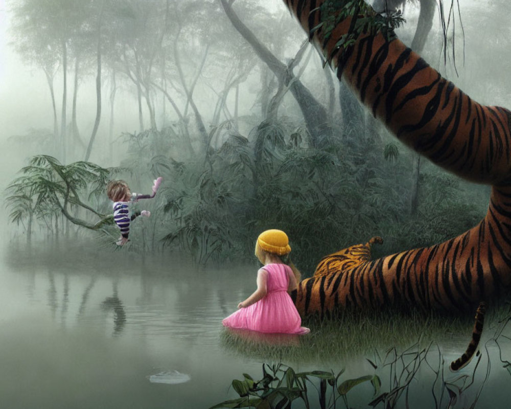 Child in pink dress watches silhouette swing over water with tiger in misty forest