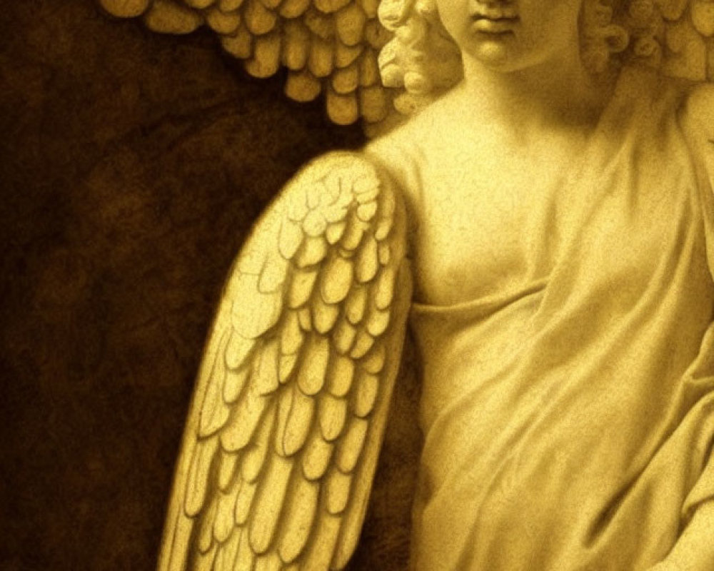 Classical angel sculpture with detailed wings and curled hair in sepia tones
