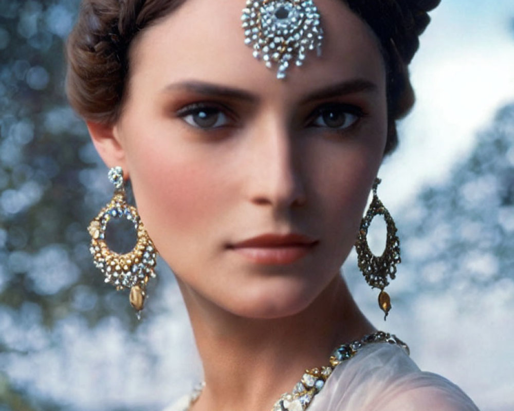 Regal woman with elegant headpiece and jewelry gazes intently