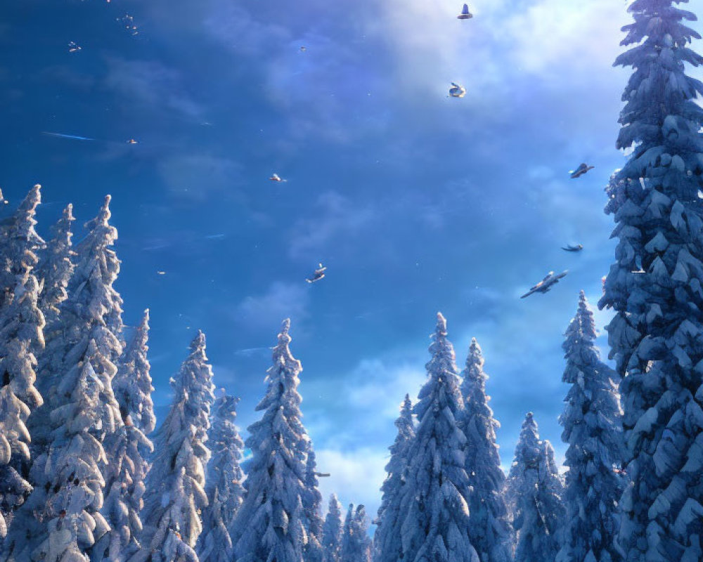 Tranquil winter scene with snow-covered pine trees and flying birds