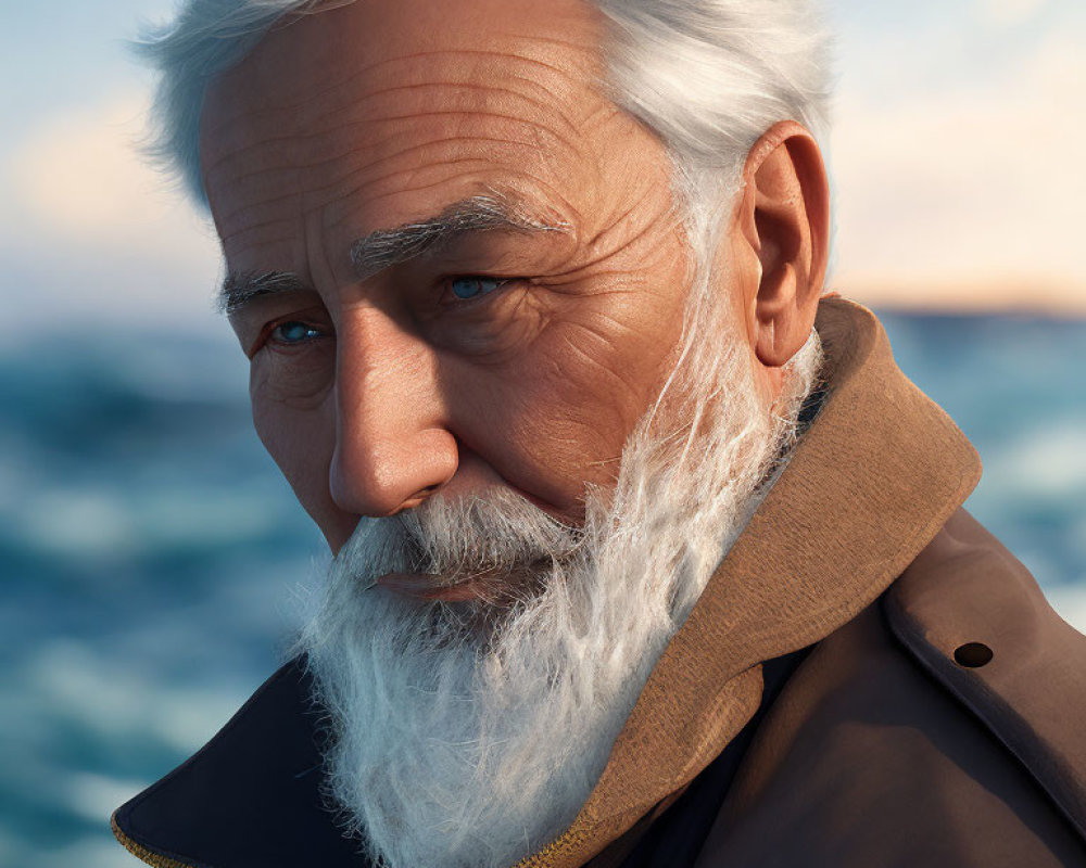 Elderly Man with White Beard in Coat at Sunset Ocean