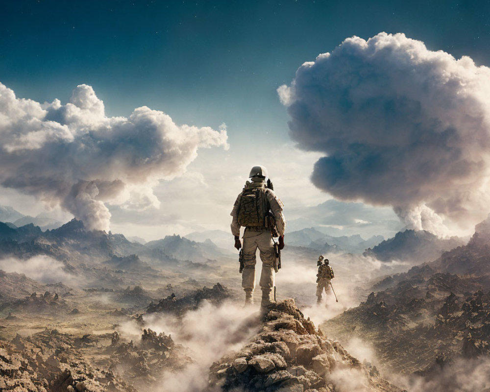 Astronaut guiding another on alien landscape with towering clouds
