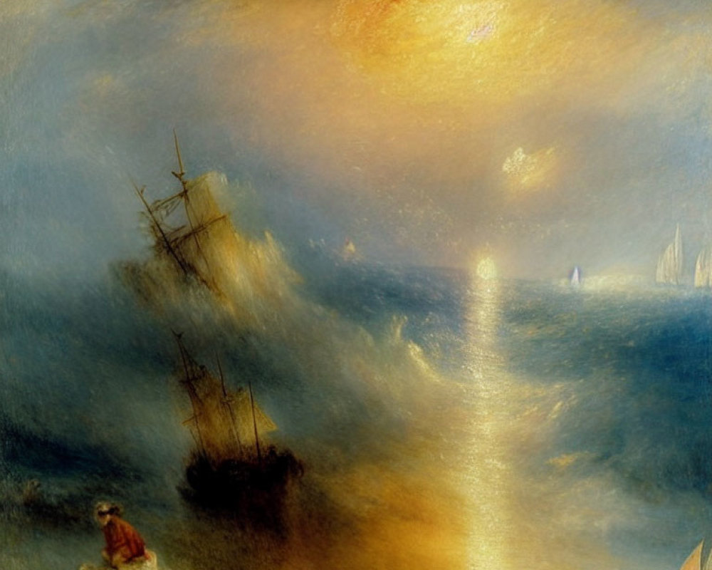 Maritime sunset with ships, waves, and figure