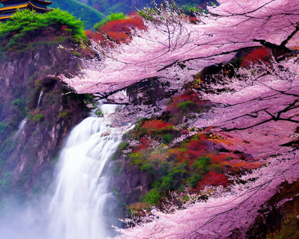Scenic cherry blossoms, waterfall, and pagoda temple in lush setting