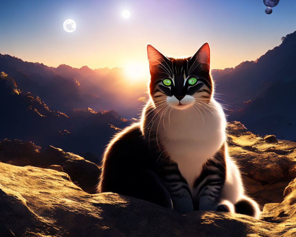 Majestic cat on mountain at surreal sunset with celestial bodies