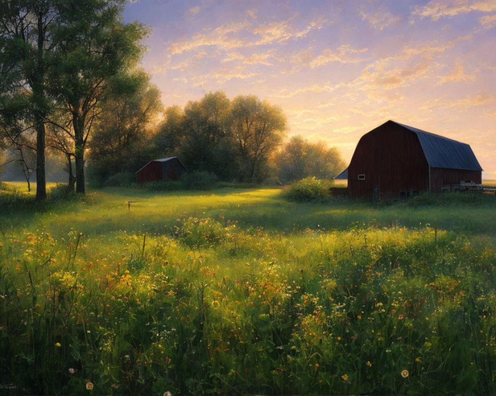 Serene meadow with rustic red barn, shed, and colorful wildflowers