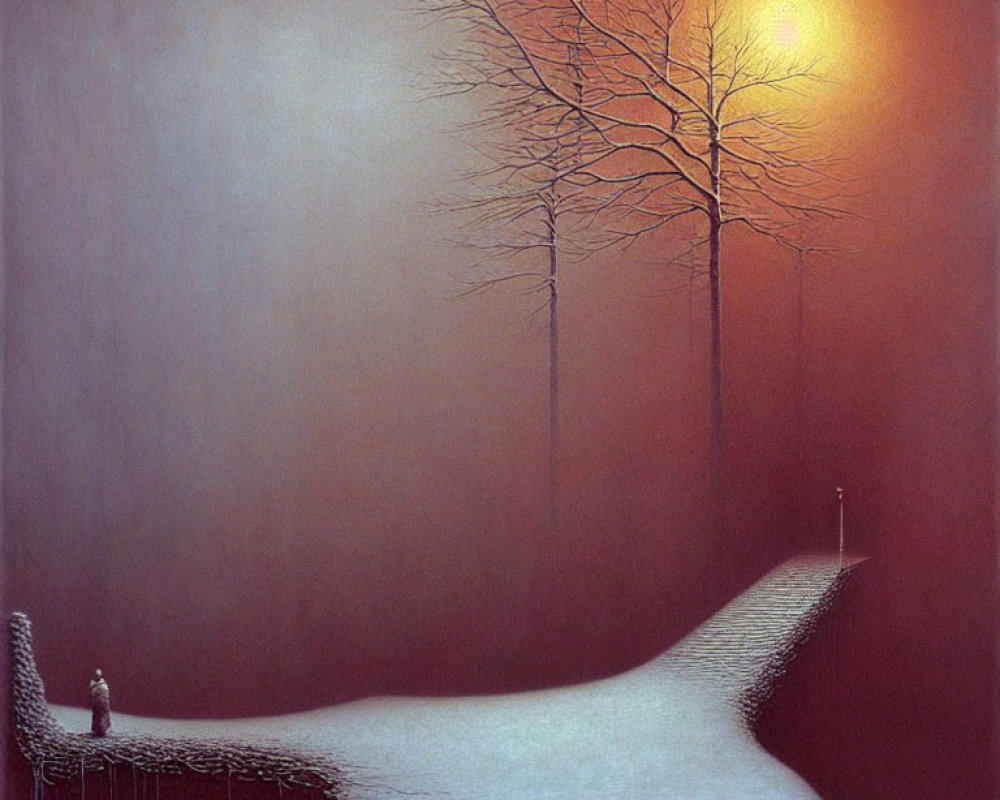 Surreal snowy path with bridge, barren trees, glowing orb, and solitary figure