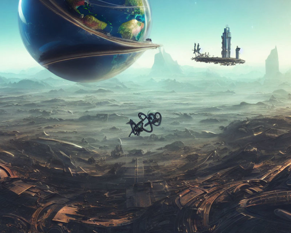 Futuristic landscape with ruins, hovering bike, enigmatic structures, and suspended planet.