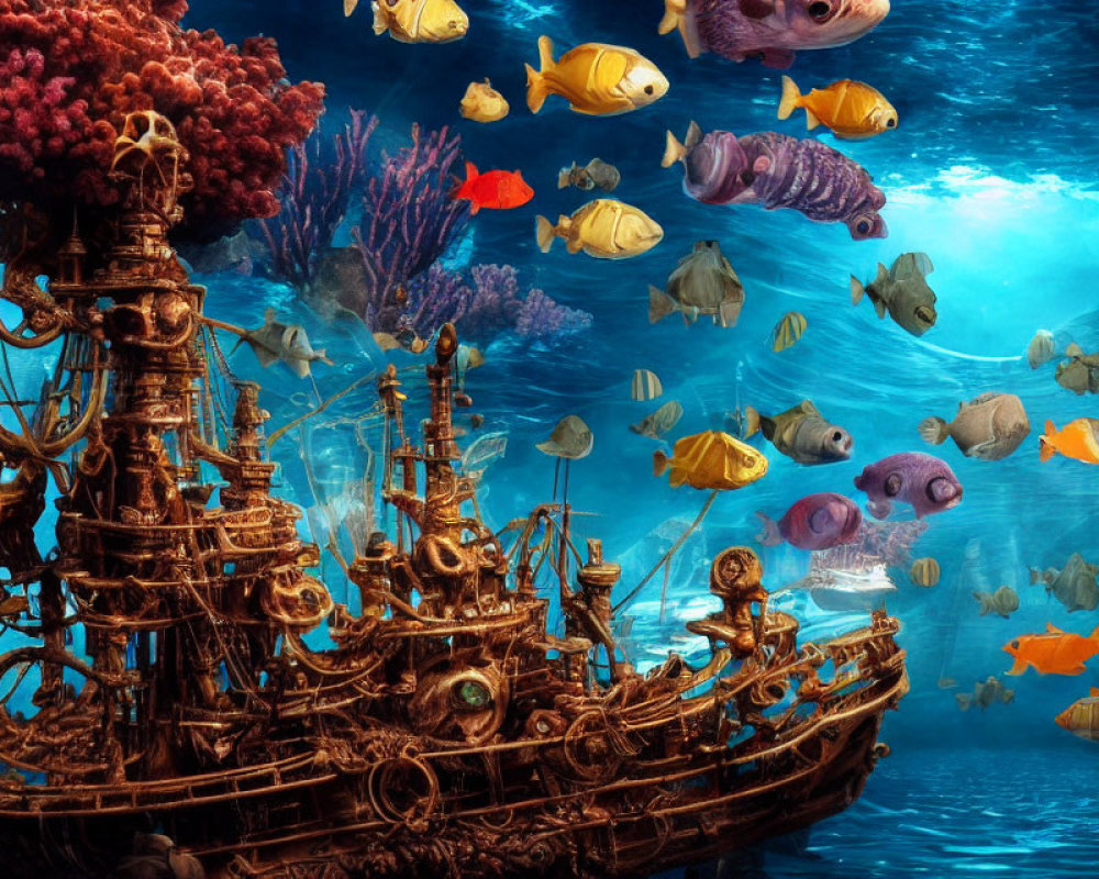 Sunken ship with colorful coral and tropical fish in vibrant underwater scene