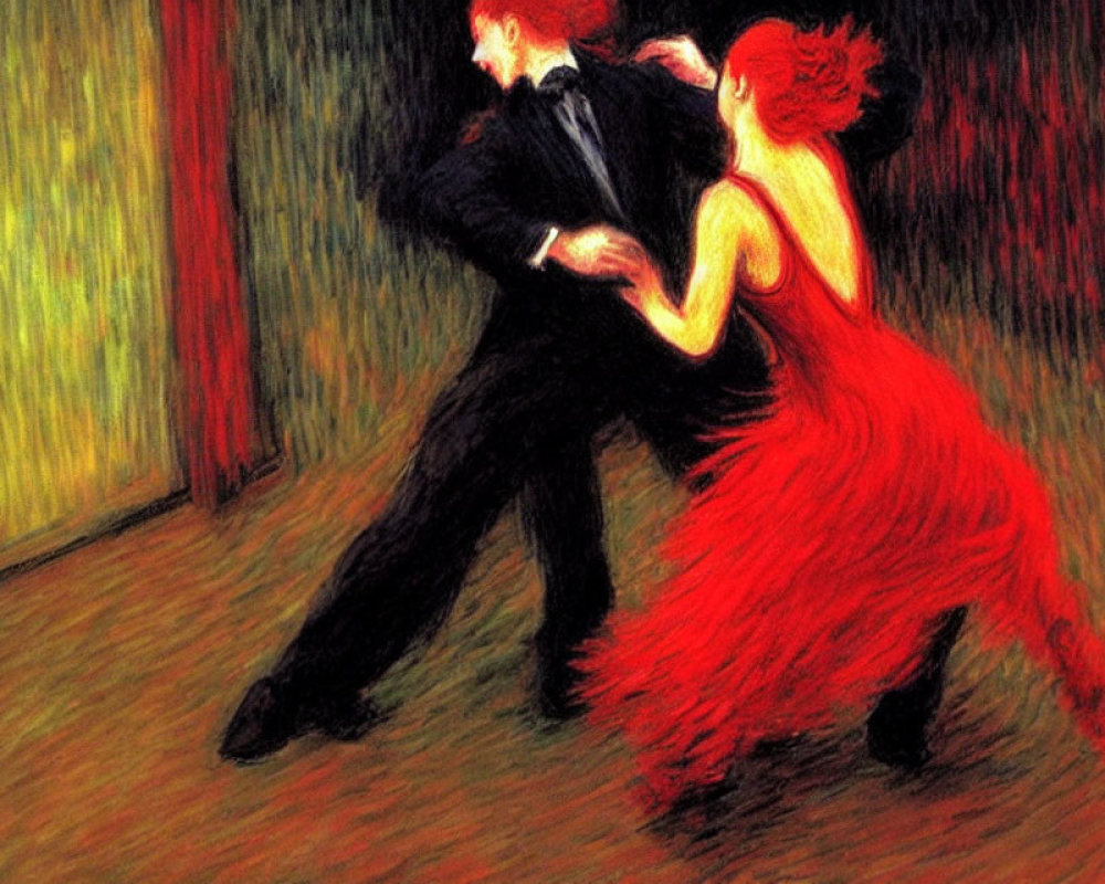 Impressionist painting of man and woman dancing in dimly lit room