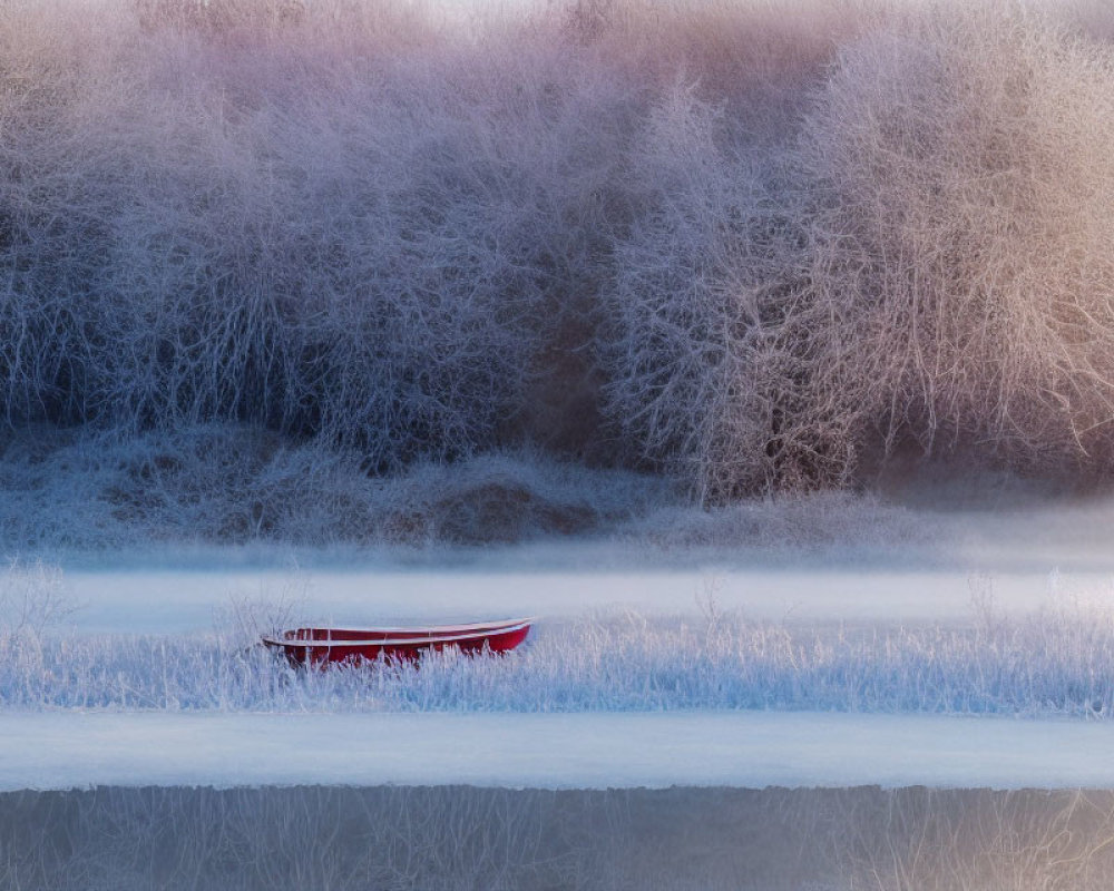 Red boat on frost-covered landscape with mist and hoarfrost trees.