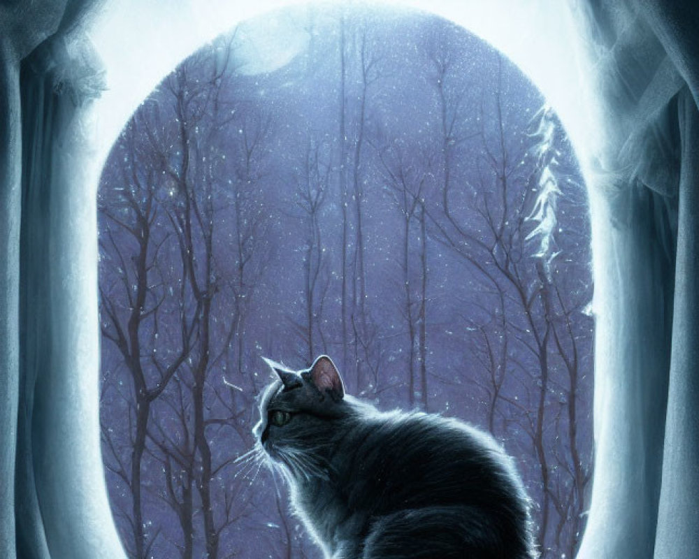 Cat on Windowsill Observing Night Scene with Full Moons and Silhouetted Trees