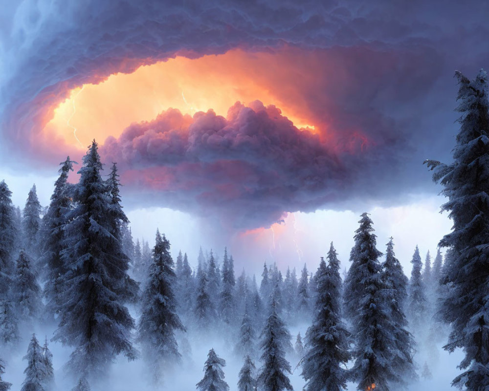 Snow-covered pine trees in fiery winter storm with lightning bolt