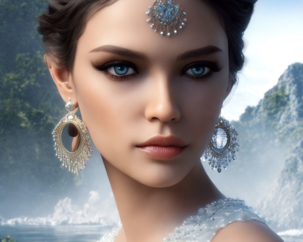 3D render of a woman with striking blue eyes and elegant jewelry against mountain backdrop