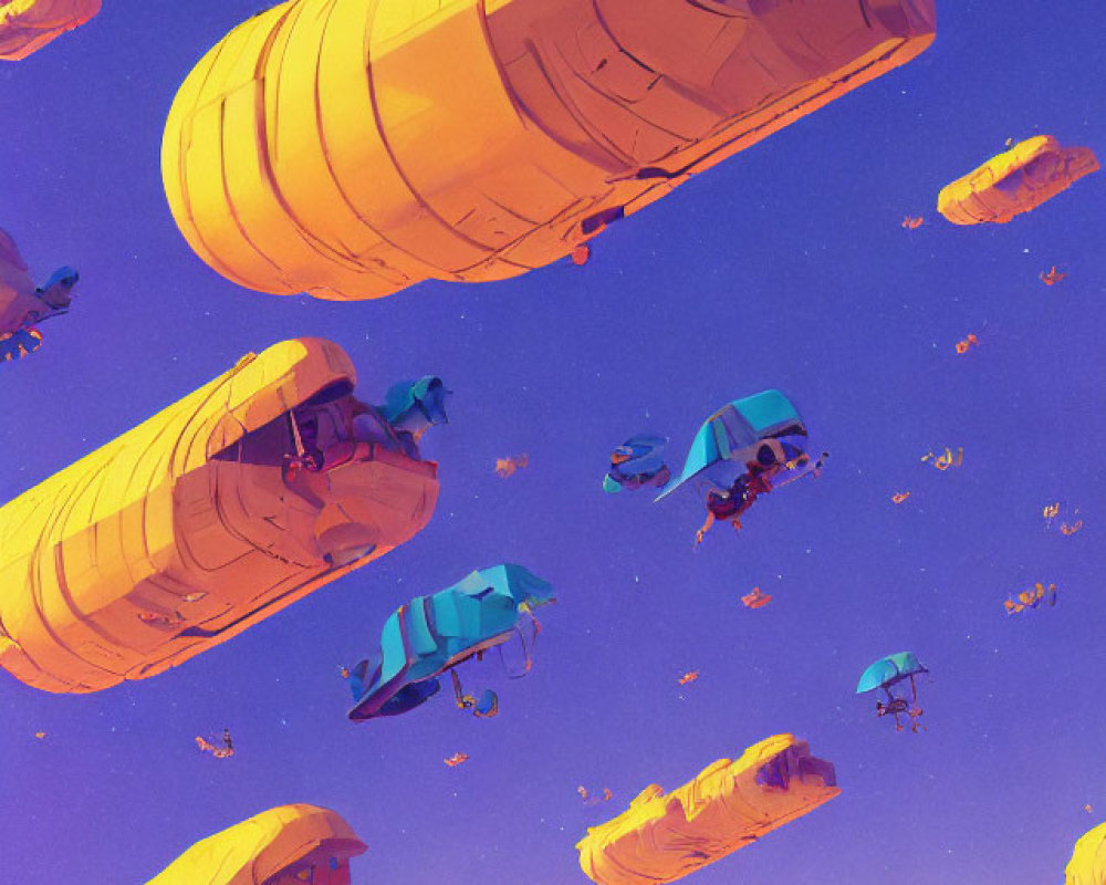 Vibrant yellow buses as hot air balloons over floating islands at dusk
