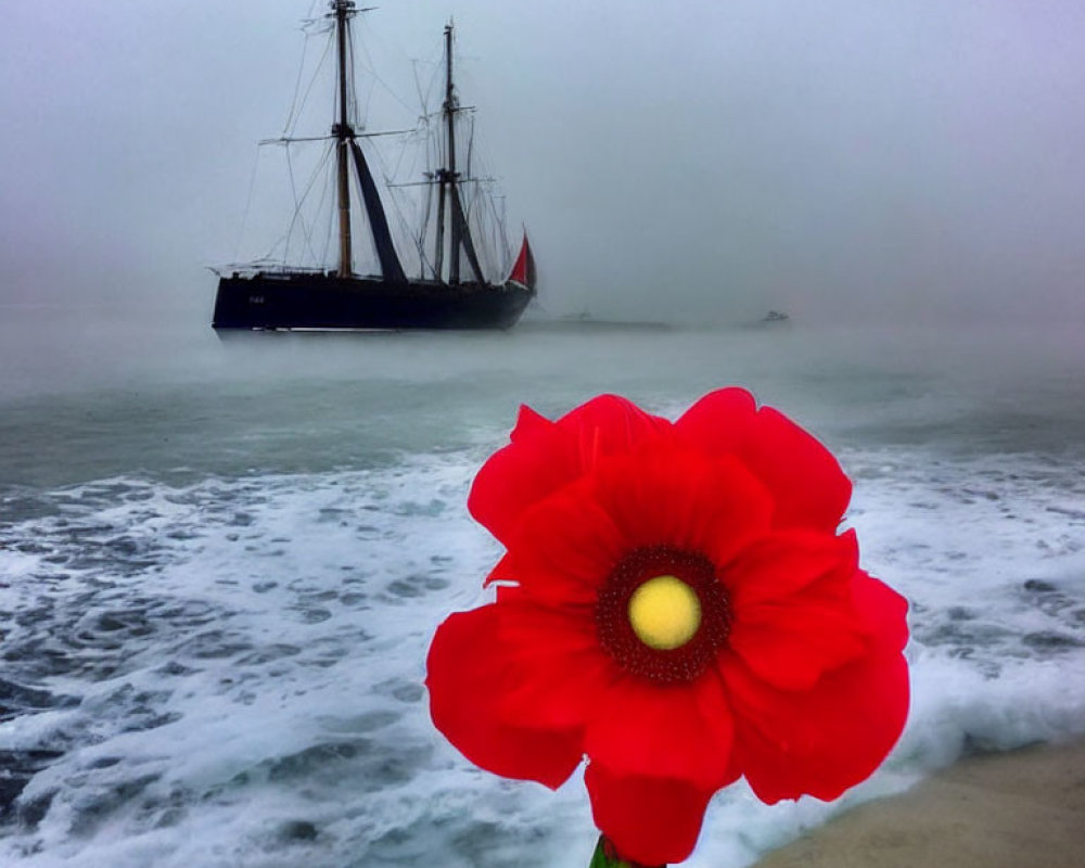 Vibrant red poppy on foggy beach with ship silhouette
