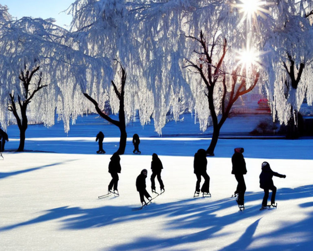 Winter scene: people ice skating under sunlit frost-covered trees.