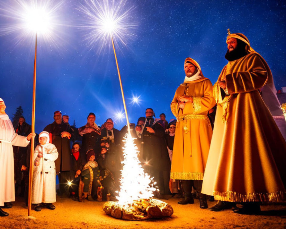 Historical group in torch-lit ceremony under starry sky