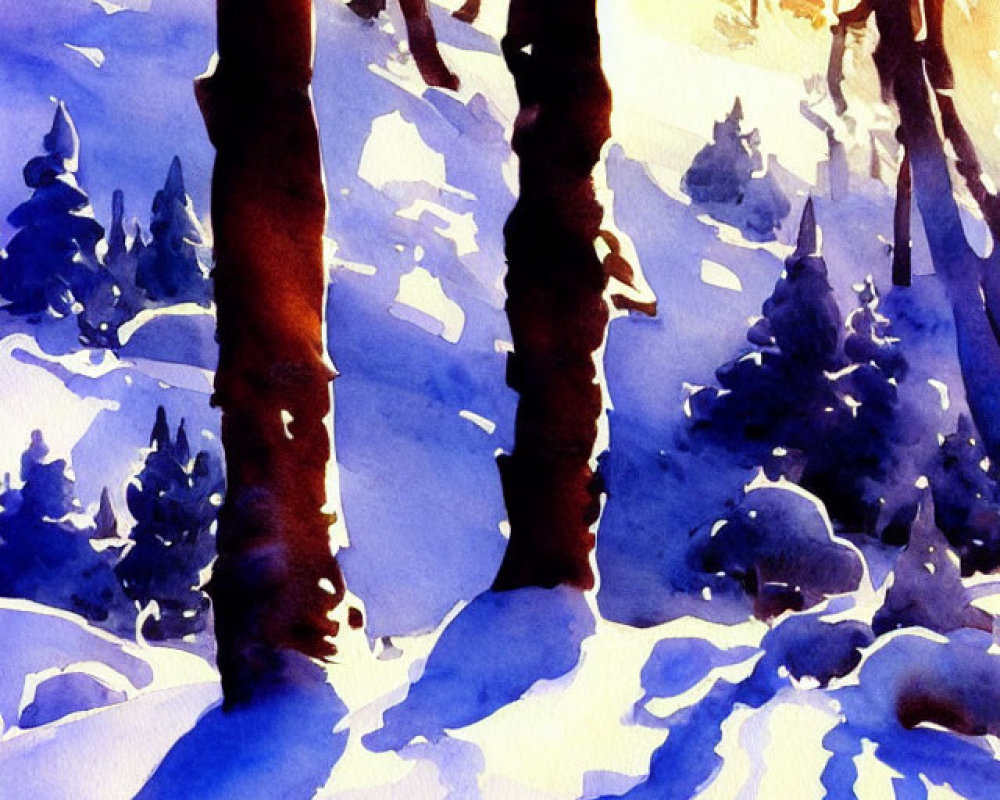 Snowy forest scene with prominent tree trunks in watercolor